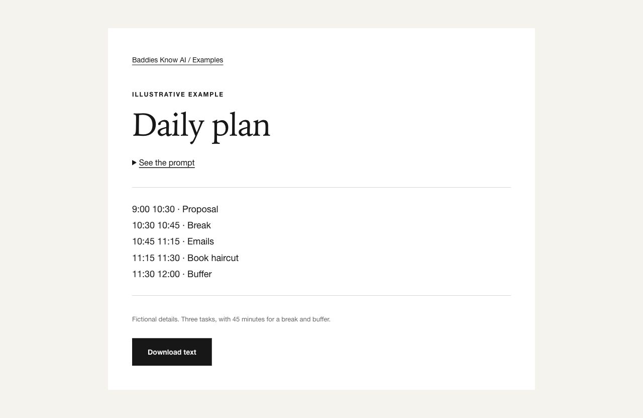 Full page screenshot of the sample day plan template